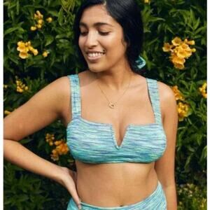 Aerie Medium Notch V-Neck Bandeau Bikini Top in Space Dye Blue/Green